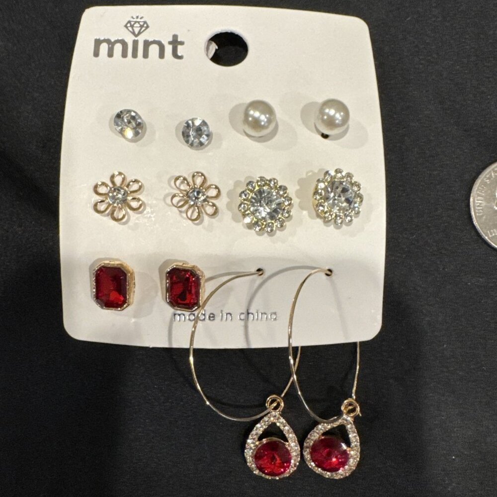 Mint 12 Piece Red Goldtone Faux Pearl Rhinestone Flower Stud Dangle Earrings NEW